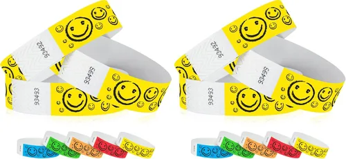 Vista 11 de 200 pulseras Tyvek de Wristco con cara sonriente azul neón para eventos