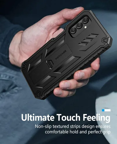 Vista 8 de FNTCASE Funda para Samsung Galaxy A14-5G: Funda de TPU resistente con textura de doble capa a prueba de golpes con soporte Protección contra Negro