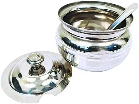 Vista 3 de Olla de almacenamiento de acero inoxidable para aceite, ghee, sal, té, café, especias, frutas secas, azúcar, olla de ghee con cuchara, recipiente