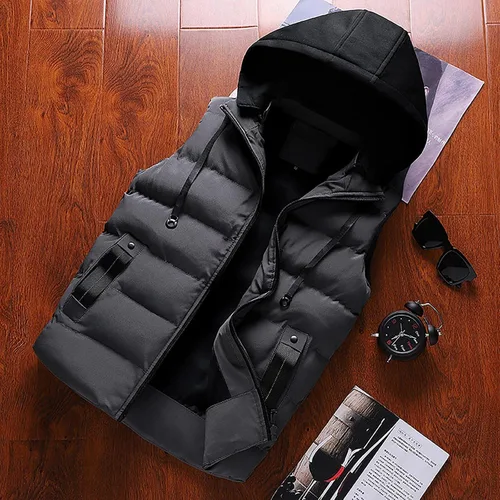 Vista 14 de WENKOMG1 Chaleco con capucha con doble cremallera para hombre, abrigo de color sólido, abrigo cálido y grueso, sin mangas, chaqueta suelta