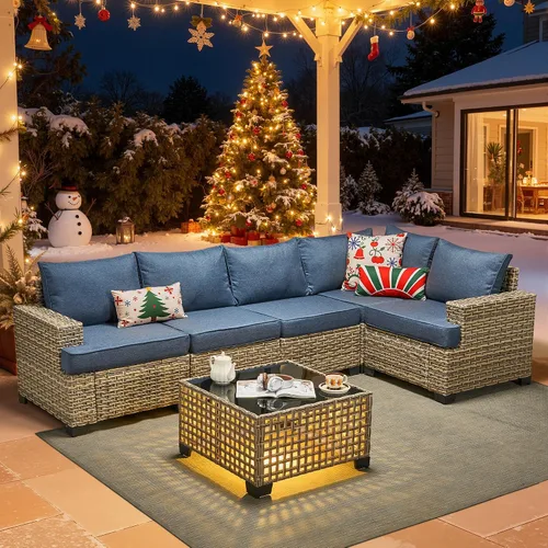 Vista 49 de HOOOWOOO Juego de muebles seccionales de patio con mesa de luz solar, 6 piezas de mimbre para exteriores, sofá en forma de L, juego de conversación