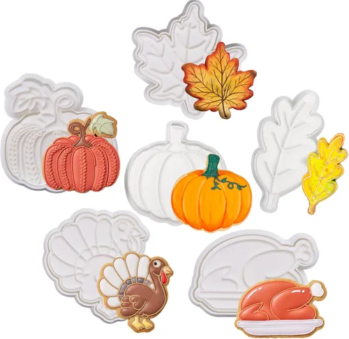 Vista 21 de Cortadores de galletas de otoño de Acción de Gracias, formas de bellotas y hojas con sellos de émbolo, accesorios de horneado de ácido poliláctico