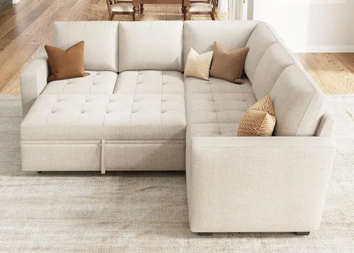 Vista 7 de HONBAY Sofá cama modular modular con cama extraíble, sofá en forma de L con asiento de almacenamiento, sofás seccionales para sala de estar, beige