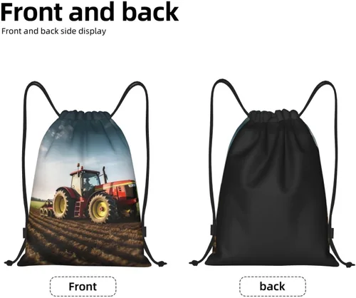 Vista 3 de VACSAX Mochila con cordón Deportes Resistente al Agua Bolsa de Cuerda Tractor Granja Imprimir Gimnasio DrawString Mochilas, Negro