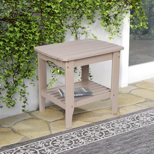 Vista 2 de Shine Company Long Island Mesa auxiliar rectangular de madera maciza, mesa auxiliar Adirondack para exteriores, piedra gris