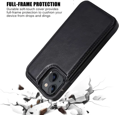 Vista 7 de Funda tipo cartera compatible con iPhone 13, funda protectora delgada con tarjetero, cuero PU con soporte y ranuras para tarjetas con un cristal