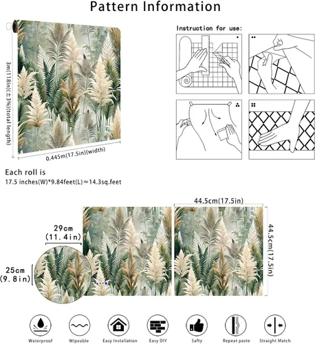Vista 8 de Floralplus Papel tapiz removible de bosque bohemio para despegar y pegar, papel tapiz de hojas bohemias para dormitorio, baño, papel de contacto
