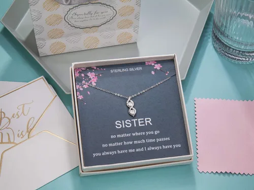 Vista 8 de Regalos para hermanas de hermana, collar de plata de ley con dos infinitos entrelazados con doble corazón, joyería de cumpleaños, collares de regalo