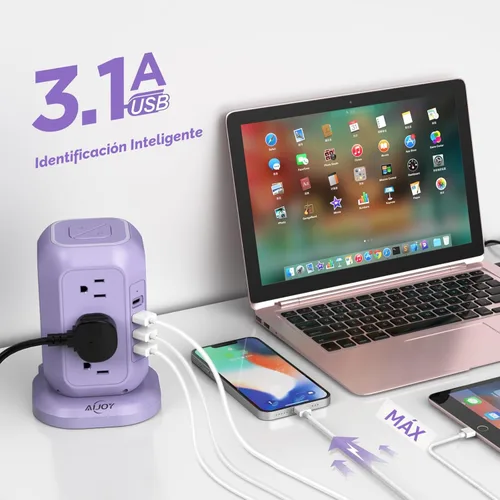 Vista 3 de Regleta de alimentación USB C en forma de torre, protector de sobretensiones con 12 tomas de CA y 4 puertos USB, AiJoy cable de extensión de 10