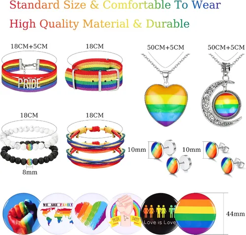 Vista 2 de UBGICIG 19 piezas de accesorios LGBTQ de orgullo ajustable, collar de orgullo para parejas, aretes de arco iris, calcomanías de arco iris, pines