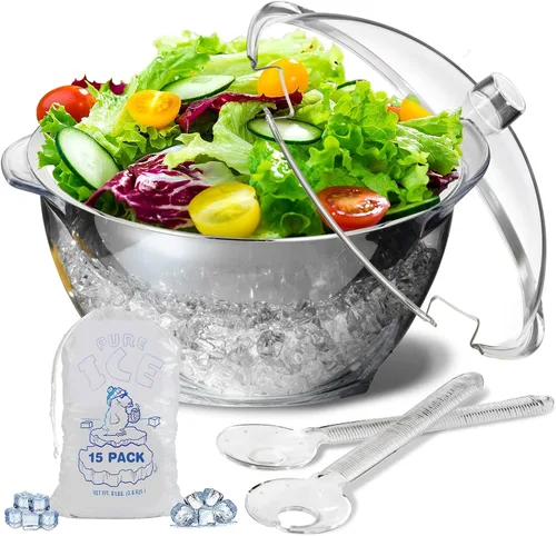 Vista 7 de LIMOEASY Paquete de 2 tazones pequeños refrigerados para servir, 25 onzas, cuenco enfriado con hielo para salsas con tapa para fiestas, plato