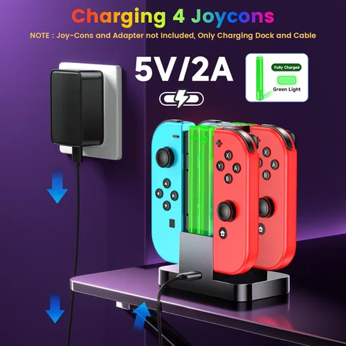 Vista 5 de Base de carga para controlador de interruptor compatible con Nintendo Switch para Joycons y modelo OLED con 6 modos de luz RGB, estación de carga