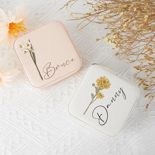 Vista 5 de Joyero de viaje para mujer, joyero de flores de nacimiento, organizador personalizado de flores de nacimiento, pequeño joyero de viaje para viajar