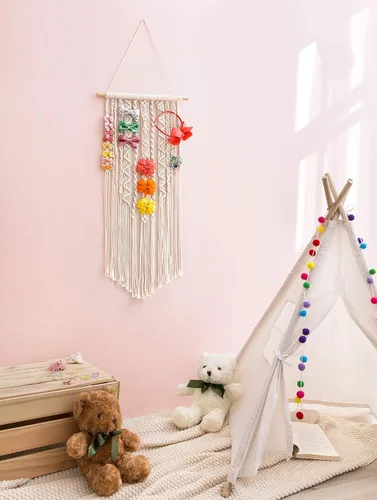 Vista 3 de Mkono Organizador de lazos de macramé para niñas, colgante para lazos de pelo, organizador de lazos Boho para pared, soporte para diademas