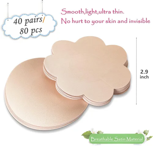 Vista 2 de YISIBIA - 40 pares de fundas para pezones para mujer, desechables, invisibles y naturales, de satén, pétalos, pasteles de pecho
