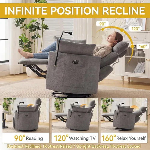 Vista 3 de Power Glider - Mecedora para guardería, reclinable giratorio con USB, color Gris claro