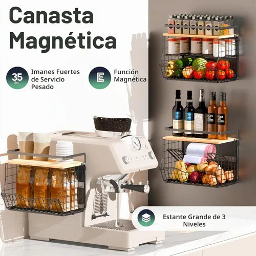 Vista 2 de Estante magnético para refrigerador con tapa de madera, contenedores de almacenamiento de papas y cebollas, contenedor grande de cocina, estante