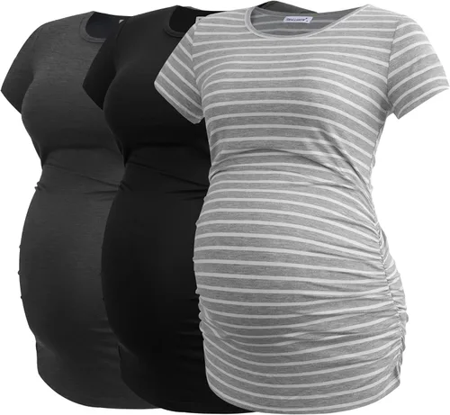 Vista 31 de Smallshow - Camiseta de maternidad para mujer, lados fruncidos, tipo túnica, prendas para el embarazo Verde militar-negro-gris profundo