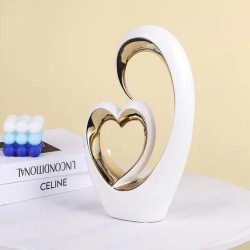 Vista 2 de Estatuas de corazón de cerámica de oro blanco, esculturas abstractas para el hogar, para dormitorio, boda, decoración de San Valentín y regalos