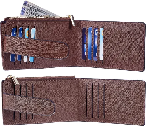 Vista 4 de Chelmon Billetera delgada para mujer, con bloqueo RFID, plegable, con bolsillo con cremallera, Marrón intenso, Minimalista