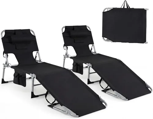 Vista 20 de Tangkula Silla de bronceado con agujero frontal, plegable y ajustable para patio, silla reclinable, para playa, tomar el sol, con bolsillo lateral