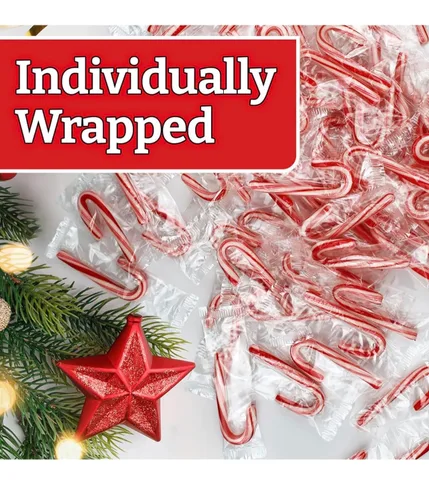 Vista 3 de Mini bastones de caramelo de menta (100 caramelos envueltos individualmente) dulces de Navidad a granel Incluye calcomanía divertida de SameDay