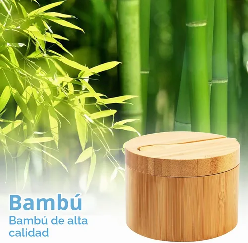 Vista 6 de Sal de bambú HTB con mini cuchara y tapa giratoria magnética Kitchen Salt Box 8 Oz for Countertop,Round Salt Container to Storage Pepper Spice