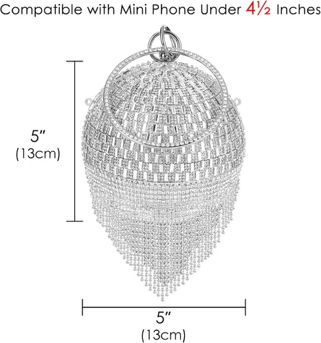 Vista 5 de Bolso de mano redondo para mujer pequeño bolso de noche de cristal deslumbrante borla de diamantes de imitación boda fiesta bolso cruzado con asa