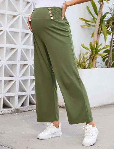 Vista 4 de Pantalones de maternidad para mujer, de cintura alta, con doble botonadura y pierna ancha, pantalones largos sueltos para embarazo, pantalones
