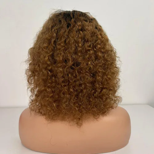 Vista 3 de Peluca de cabello humano corto rizado degradado con flequillo, peluca rizada sin pegamento Wear and Go None Lace Wigs for Black Women Human Hair