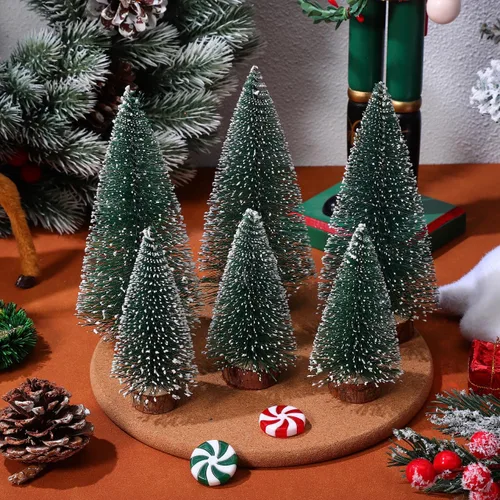Vista 9 de NUOLUX 6 mini decoraciones de árboles de Navidad, árboles de cepillo para botellas con base de madera, decoración de pueblo de Navidad
