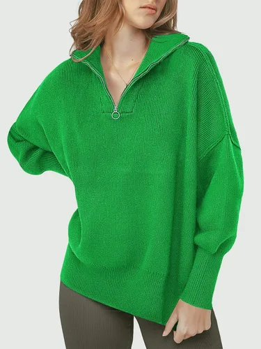 Vista 2 de ATHMILE Suéter de gran tamaño para mujer, manga larga, cuello con cremallera de un cuarto, hombros caídos, holgado, sin botones
