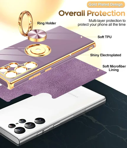 Vista 2 de LeYi Funda para Galaxy S22 Ultra: Soporte de Anillo Giratorio 360°, Soporte Magnético con Patilla, Borde Protector Chapado en Oro Rosa para Funda