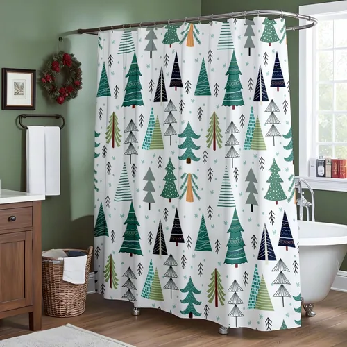 Vista 2 de Cortina de ducha de árbol de Navidad de 72 x 72 pulgadas, verde azulado, árbol de Navidad, copo de nieve, fondo blanco, festival, vacaciones
