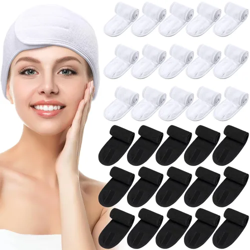 Vista 11 de Hoteam Paquete de 30 diademas de spa, esteticista facial para mujeres, ajustable, maquillaje, deportes, ducha, toalla elástica con cinta (negro)