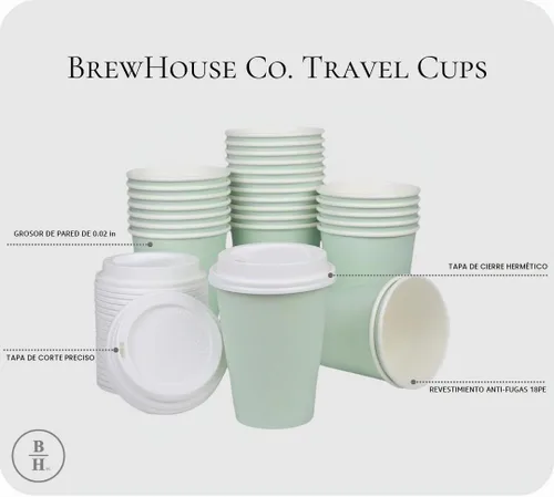 Vista 4 de BrewHouse - Tazas de café desechables con tapas, 12 onzas, tazas de café de papel de lujo con tapas, 25 unidades, color verde