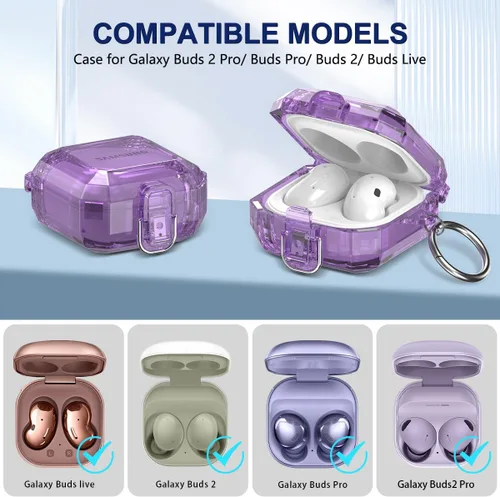 Vista 2 de [Bloqueo actualizado] Funda transparente para Galaxy Buds 2 Pro/2/Live, funda protectora completa de policarbonato duro transparente con llavero