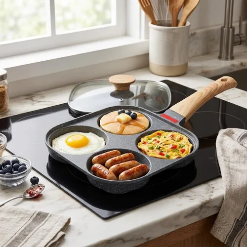 Vista 3 de Sartén antiadherente de aluminio de 4 tazas con tapa, adecuada para estufa de gas y utensilios de cocina de inducción Huevera con tapa