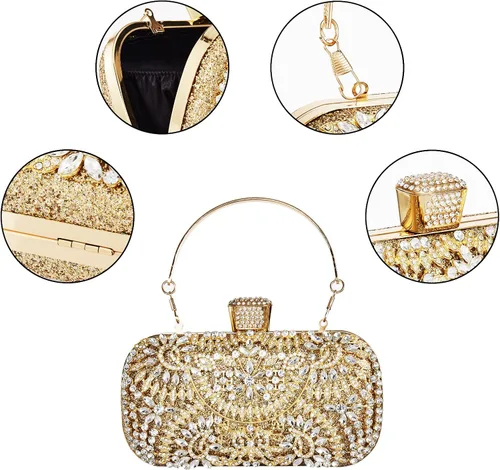 Vista 5 de Geckowi Bolsos de mano para mujer, bolsos de noche dorados, formales, brillantes, con diamantes de imitación, para fiesta, boda, cóctel, baile