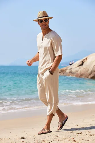 Vista 3 de COOFANDY Conjunto de 2 piezas de lino para hombre, camisa Henley de manga corta y pantalones capri harén, pierna ancha, holgados, pantalones de yoga