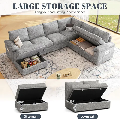 Vista 6 de Sofá modular de 108 pulgadas con cama extraíble, sofá modular en forma de U de 7 asientos con almacenamiento, sofás seccionales para sala de estar