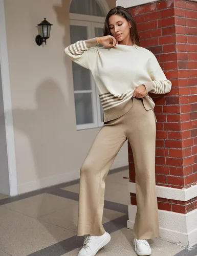 Vista 7 de Bianstore Conjunto de 2 piezas para mujer, suéter de punto de manga larga, pantalones de pierna ancha, conjunto de sudadera