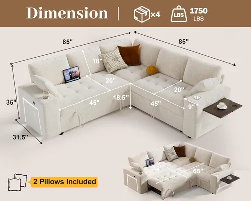 Vista 3 de Sofá modular modular de 86 pulgadas en forma de L, 5 asientos con cama Beige