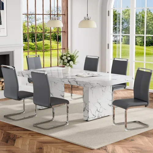 Vista 10 de Ebullient - Juego de mesa de comedor de mármol de 79 pulgadas para 6, mesa con patrón de mármol blanco de 3.5 pulgadas con base de MDF estable