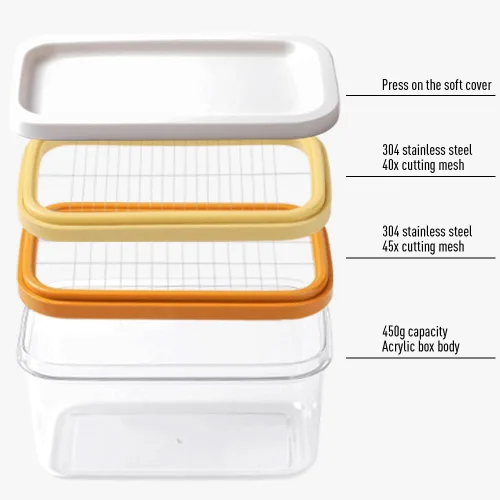 Vista 2 de Caja cortadora de mantequilla, plato de mantequilla de plástico con tapa, cortador de mantequilla de acero inoxidable, recipiente rectangular