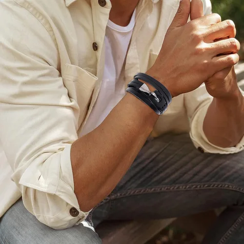 Vista 4 de Long tiantian Pulsera envolvente de cuero para hombres, pulseras de cuero multicapa punk de cuero trenzado para novio, marido, regalos, otro