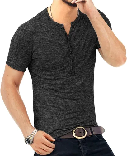 Vista 2 de KUYIGO Camisas Henley para hombre, estilo casual, ajustadas, básicas, de A01 Negro Puro