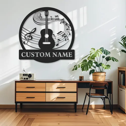 Vista 4 de Letrero de metal personalizado de guitarra, letreros de metal personalizados, decoración de pared de notas musicales, arte de pared divertido