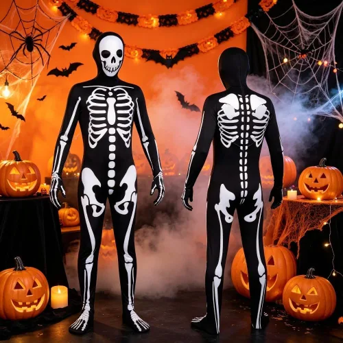 Vista 4 de Disfraz Zentai de esqueleto con capucha de Halloween, elástico, de elastano, cuerpo completo, para cosplay, fiesta, carnaval
