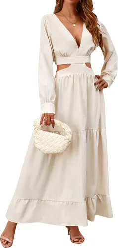 Vista 3 de LYANER Vestido largo con cuello en V profundo y manga larga abombada y corte lateral para mujer